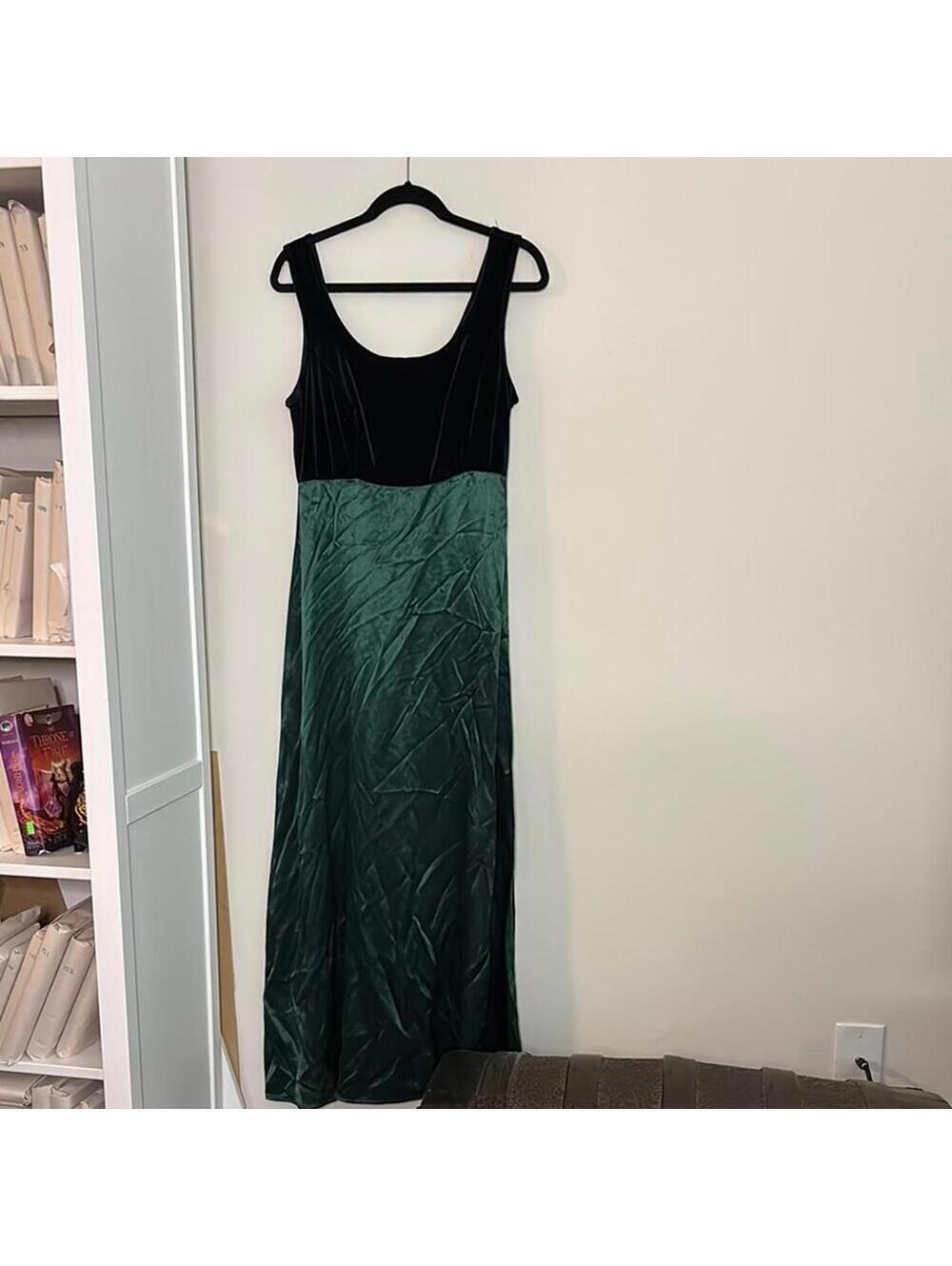 Vintage Green Velvet and Satin Empire Waist Bridgerton Maxi Formal Dress Prom